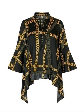 Gracia Black Gold Chain Print Kimono Shawl Blouse Top Size M NWT